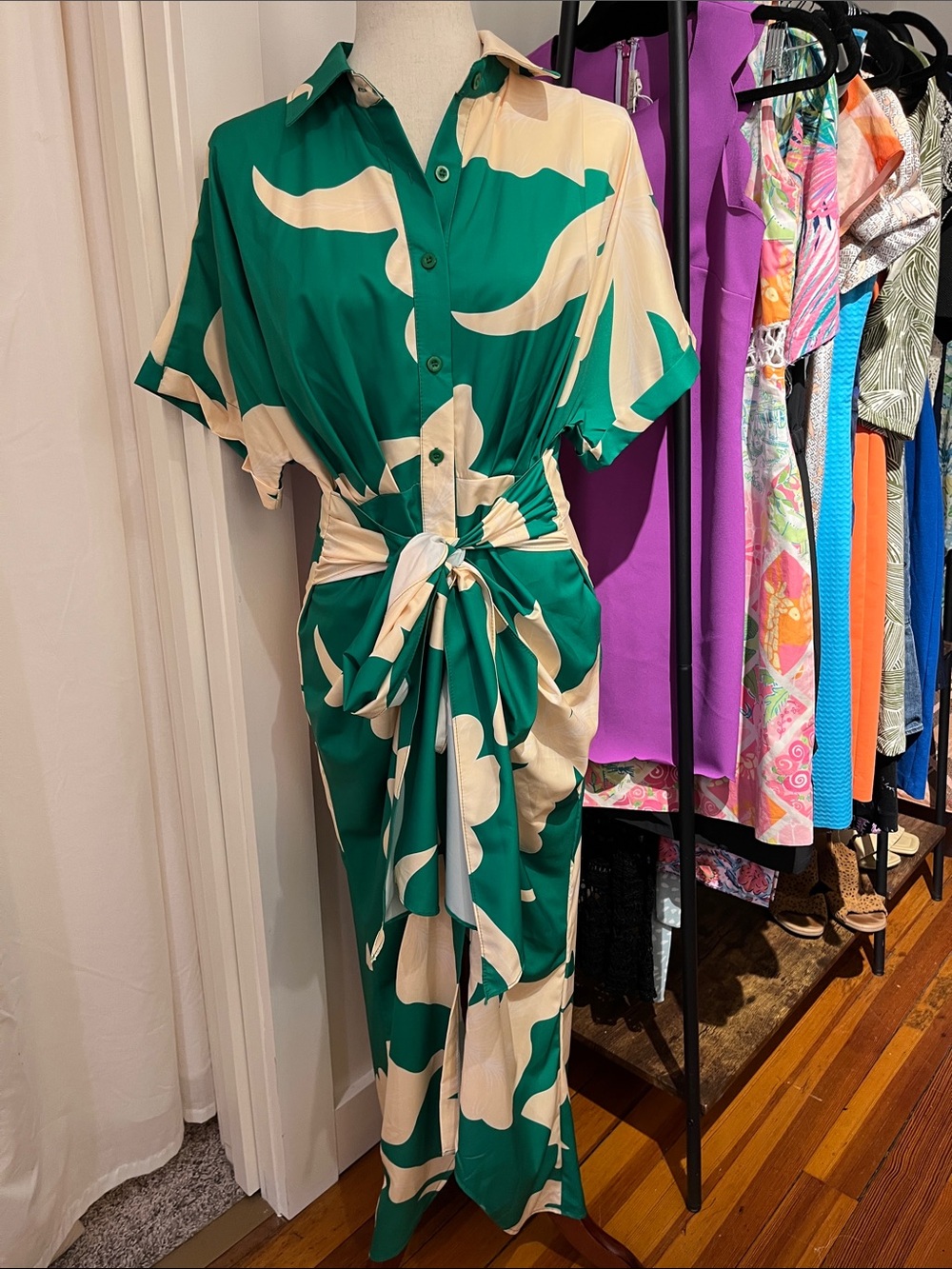 Doublju Green and Cream Abstract Tie-Waist Maxi Shirt Dress
